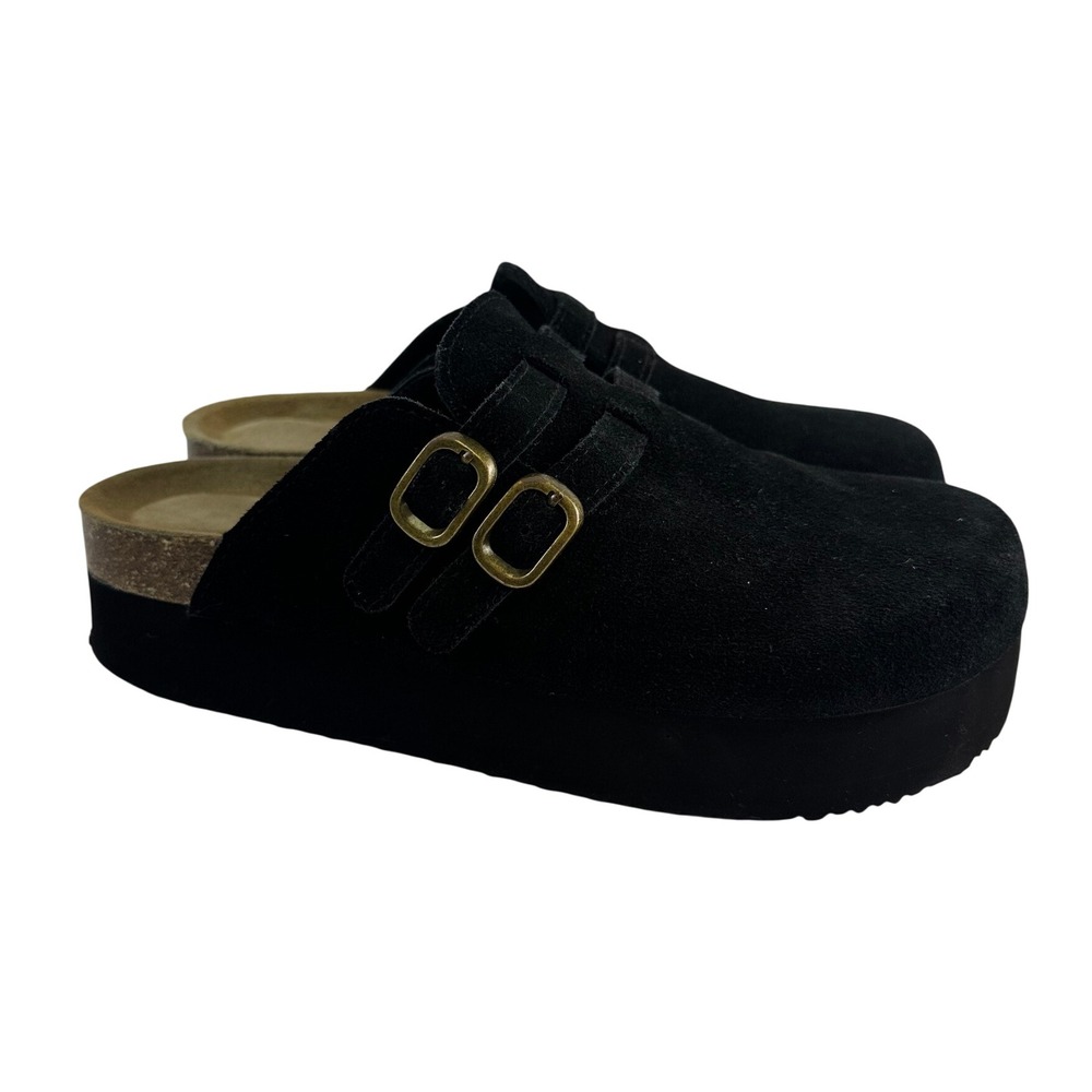 Project Cloud Stephi Platform Clogs Black Suede Mule Double Buckle Womens 9